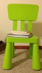 Preschool Bible storybooks on chair