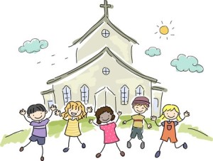 35170104 - illustration of kids standing happily in front of a church