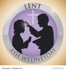 Silver round button with silhouettes of priest giving the cross to an parishioner in her forehead on Ash Wednesday celebration.