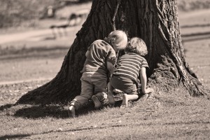 two boys searching an old tree