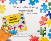 Little Pot sharing a book by Liz Pitman, Where is the Missing Puzzle Piece