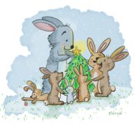 Rabbit family surrounds a Christmas tree